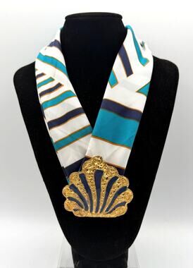 VTG Gay Boyer Gold Tone & Blue Enamel Scalloped Seashell Buckle & Scarf Necklace